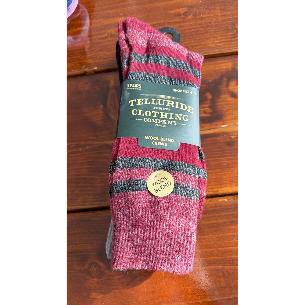 Telluride Clothing Company Wool Blend Crew Socks 3 Pairs Mens Size 6-12 Red Grey